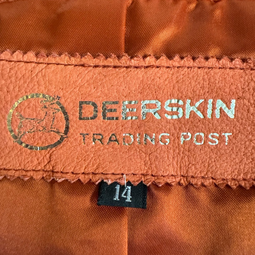 1970s Deerskin Trading Post 100% Suede open front Boho jacket in orange.Size 14 - Picture 3 of 9